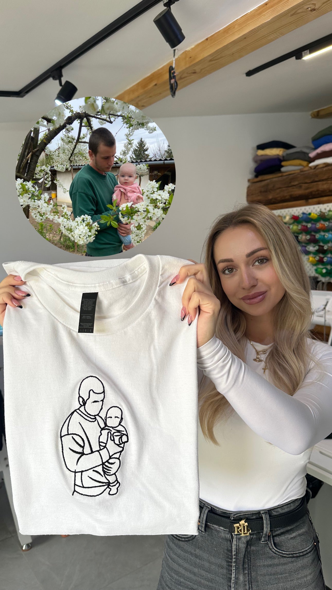 Dad and baby line art embroidery