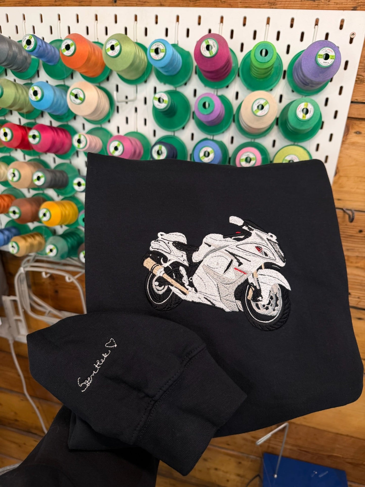 Motorcycle line art embroidery