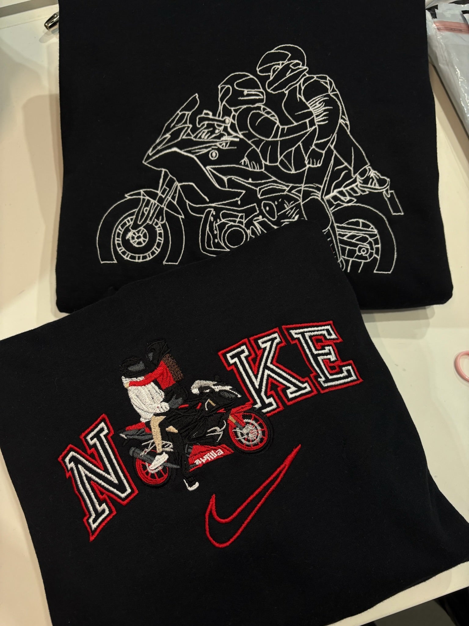 Motorcycle line art embroidery